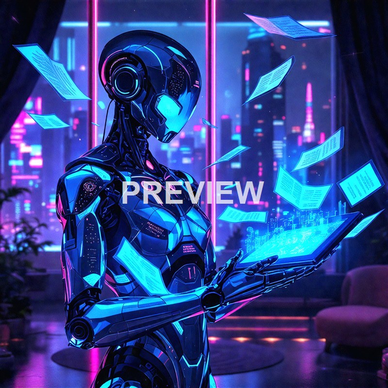 A futuristic humanoid robot with a sleek, black and blue metallic design, holding and interacting with a holographic digital interface with floating documents, set against a vibrant neon-lit cityscape background.